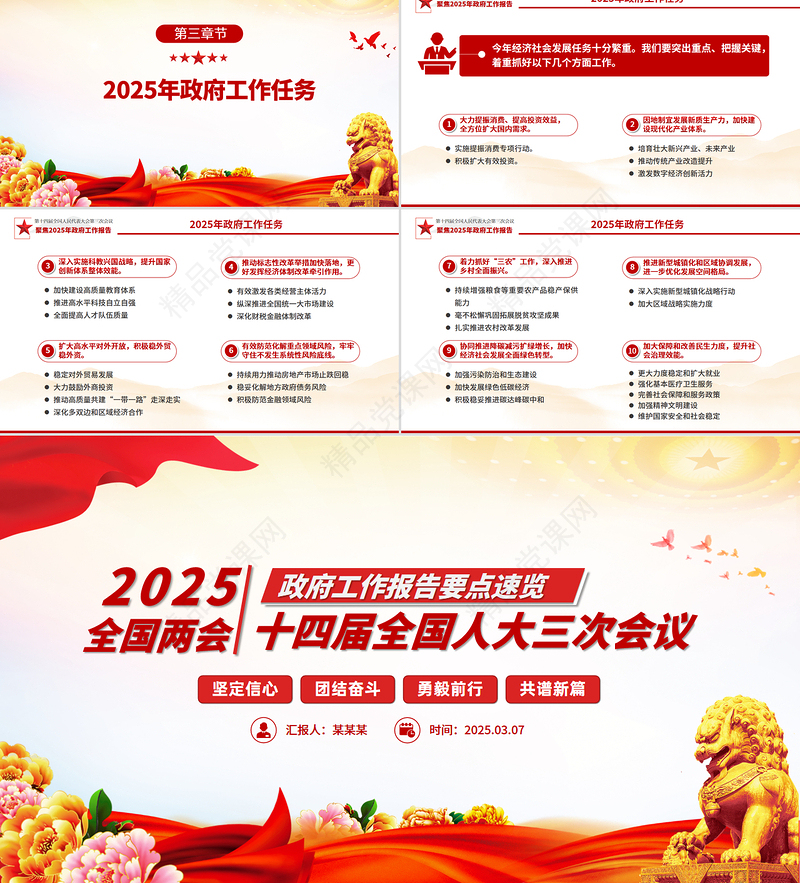 2025政府工作报告一图速览PPT简洁风学习两会精神党课课件