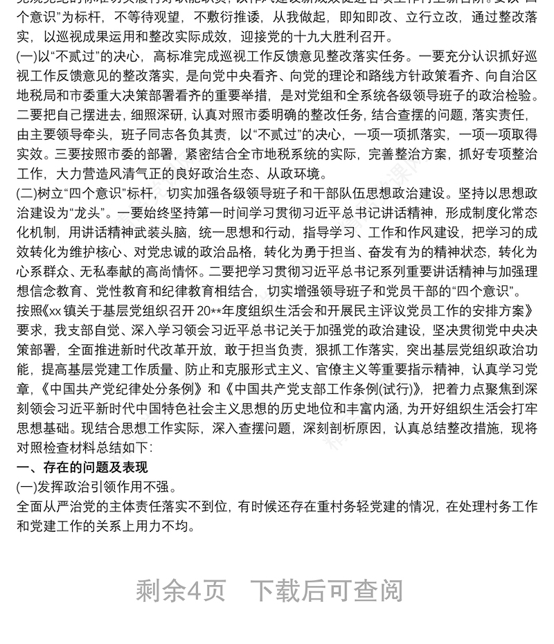 巡察整改党总支班子对照检查 巡察整改班子对照检查材料