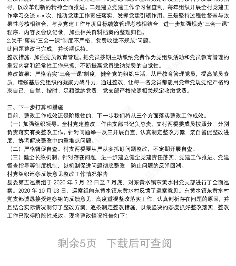 村党组织巡察反馈意见整改工作情况报告