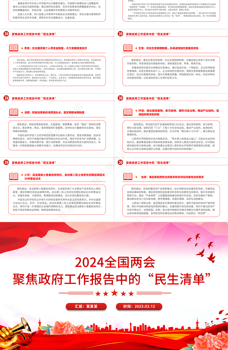 优质党政风2024年聚焦政府工作报告中的“民生清单”PPT全国两会专题下载