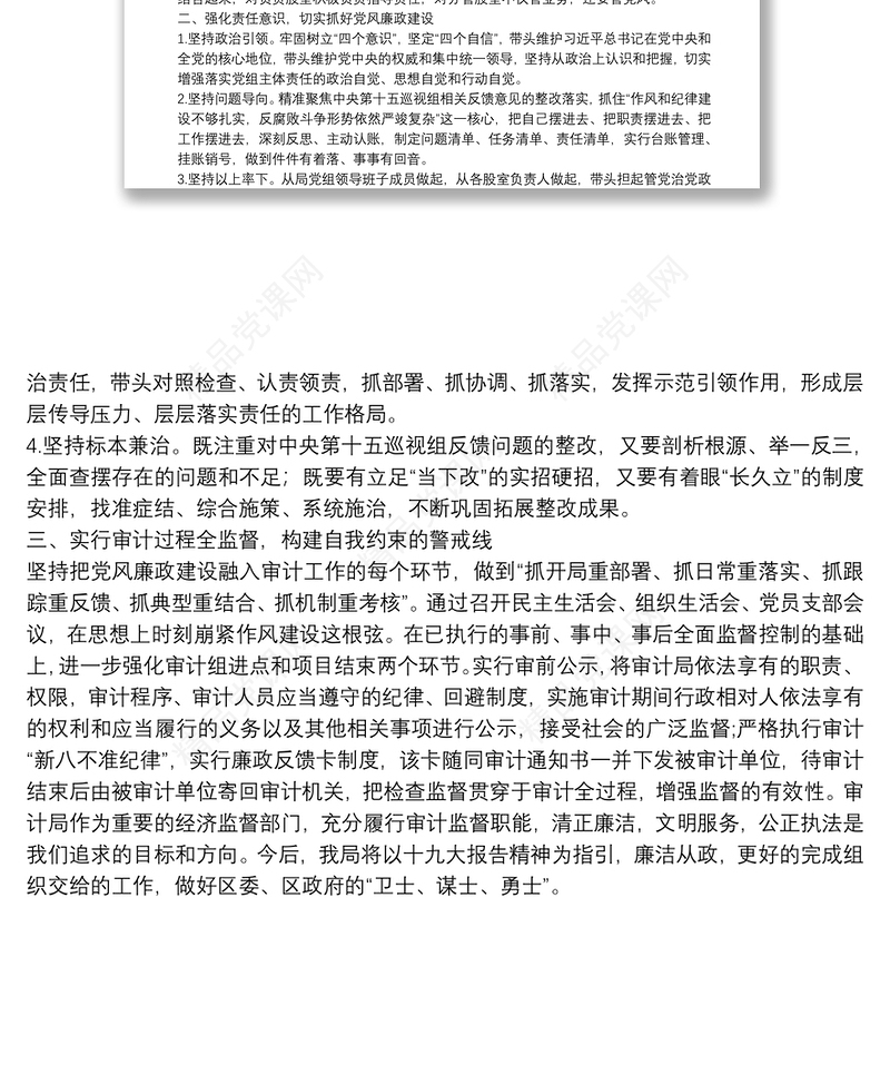 X审计局全面从严治党党组主体责任落实不够到位问题专项整治情况报告