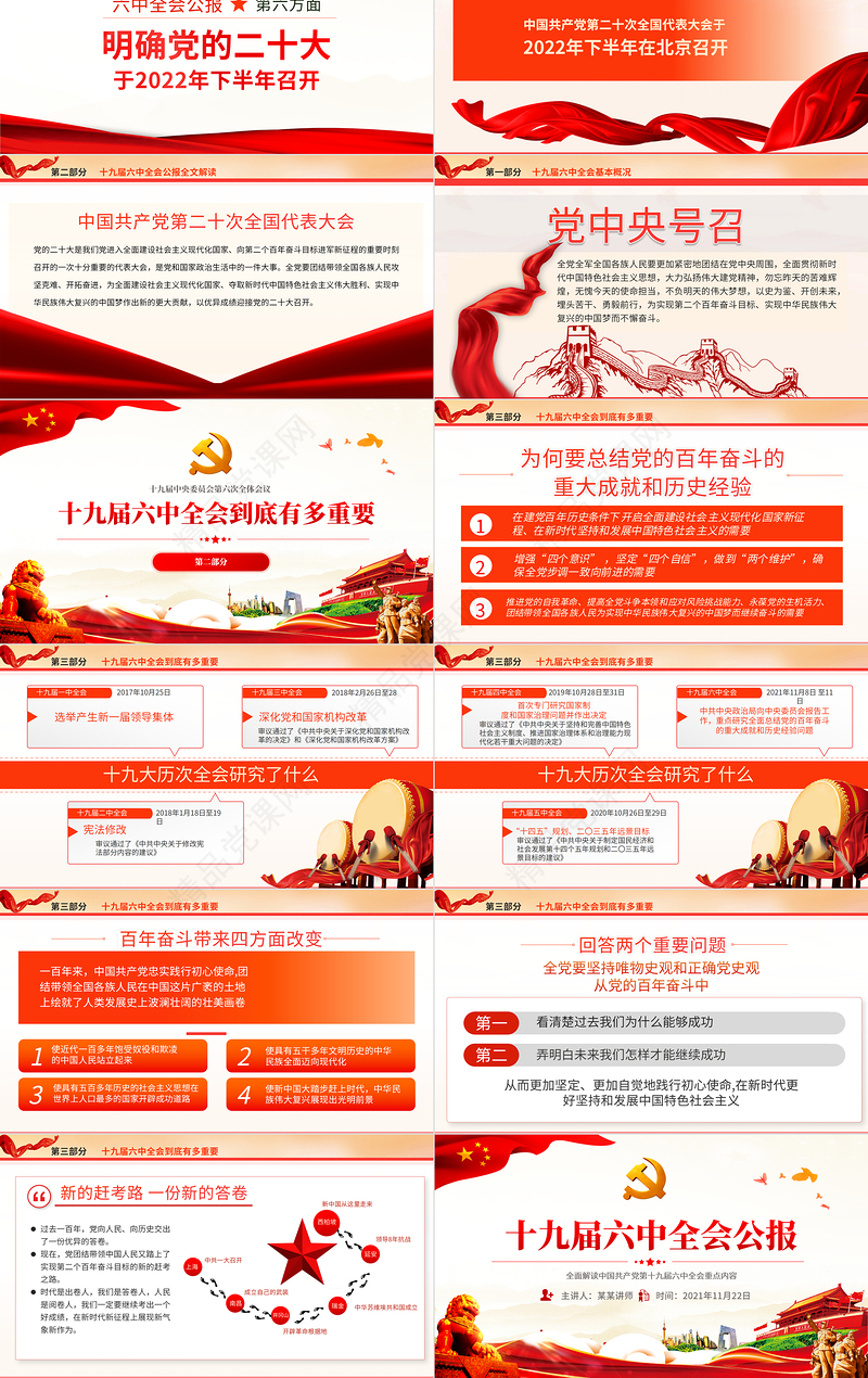十九届六中全会PPT红色精品学习贯彻党的十九届六中全会公报内容会议精神党课课件