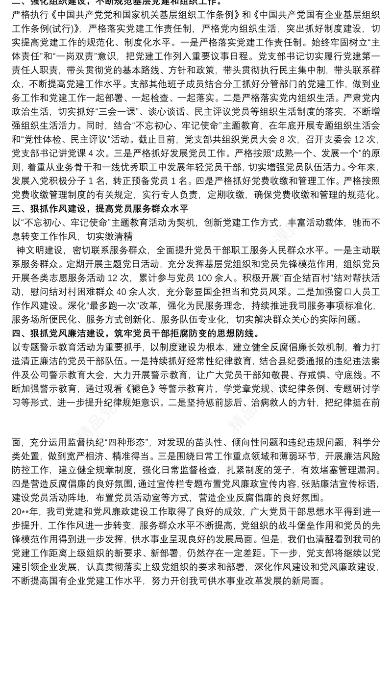 公司企业党支部党建暨党风廉政建设工作总结