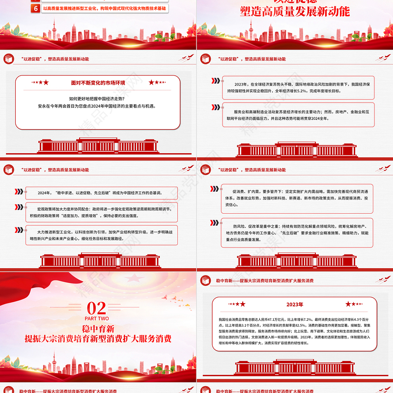 2024中国经济主要看点与机遇PPT红色大气认真学习贯彻全国两会精神党课课件