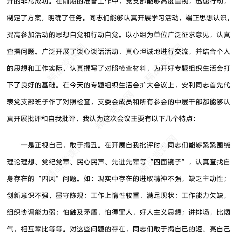 党支部专题组织生活会上的点评材料汇编