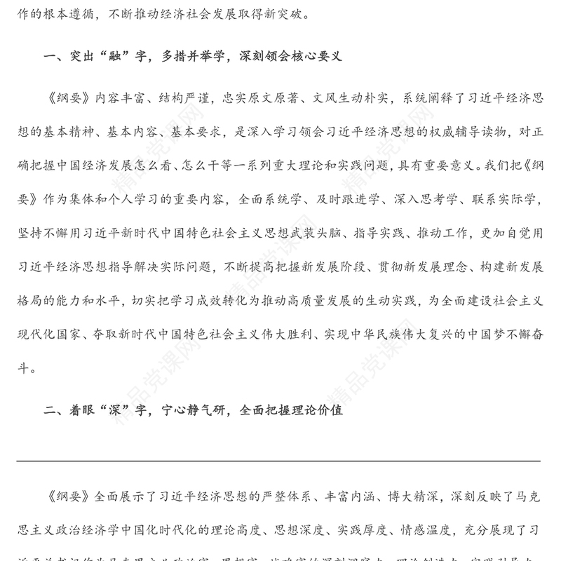 在党组理论学习中心组学习《习近平经济思想学习纲要》时的研讨发言