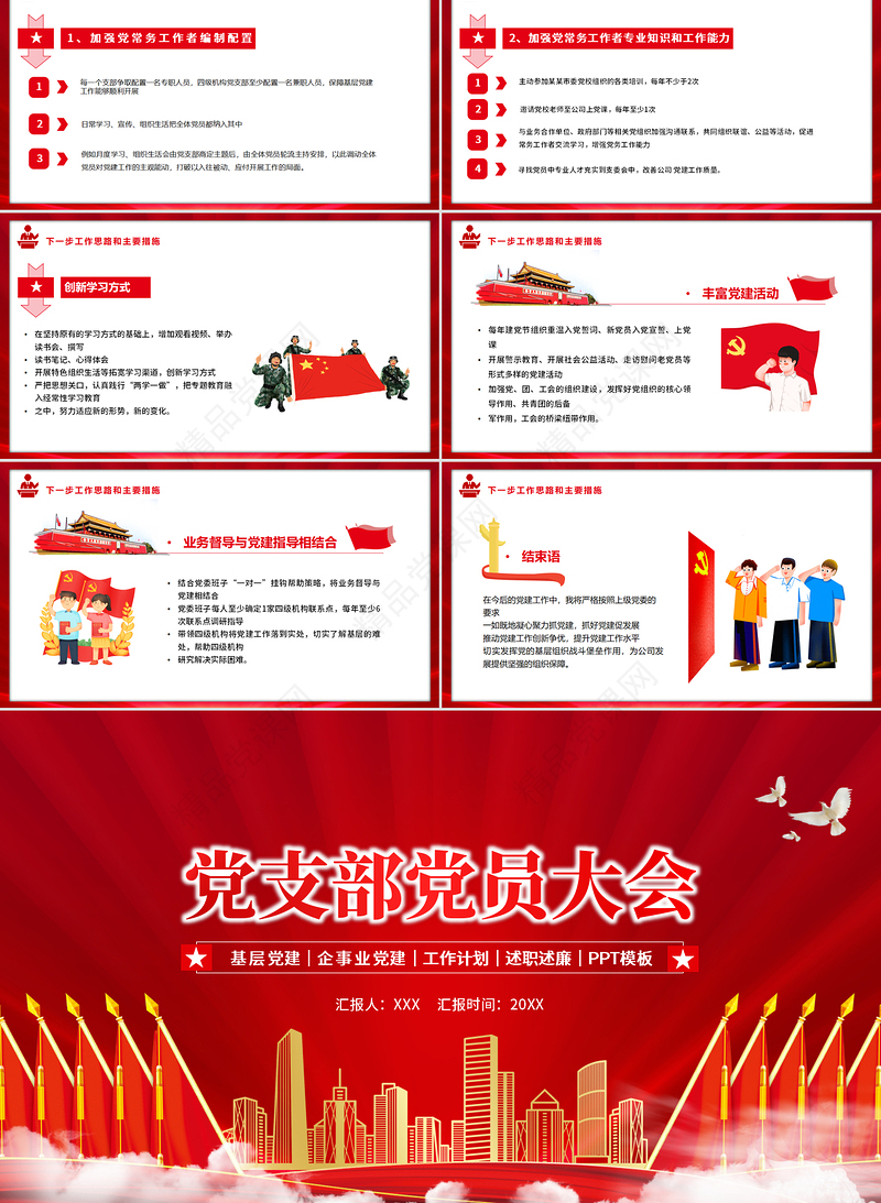 党支部党员大会PPT红色简约基层党建企事业党建工作计划述职述廉专题党课课件模板