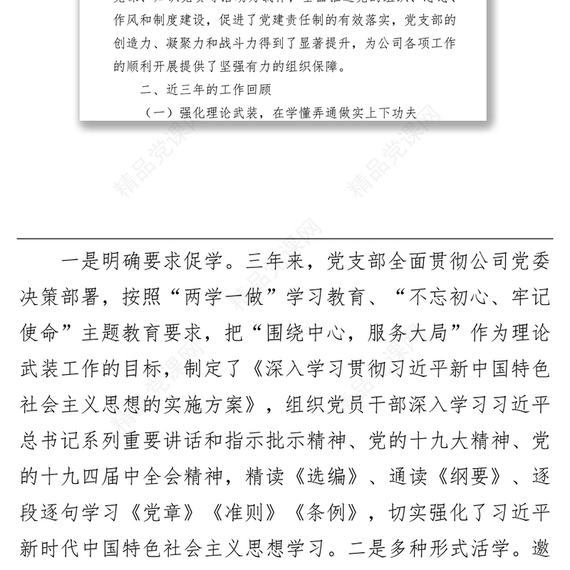 公司党支部委员会换届工作报告