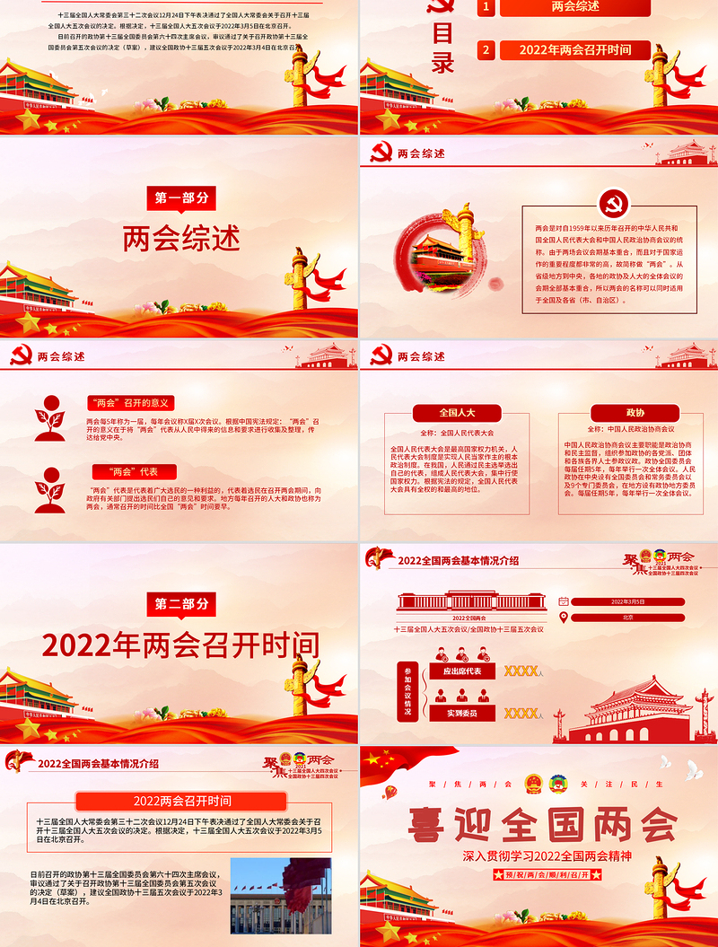 喜迎2022年全国两会PPT红色喜庆聚焦两会关注民生深入贯彻学习两会精神党课课件