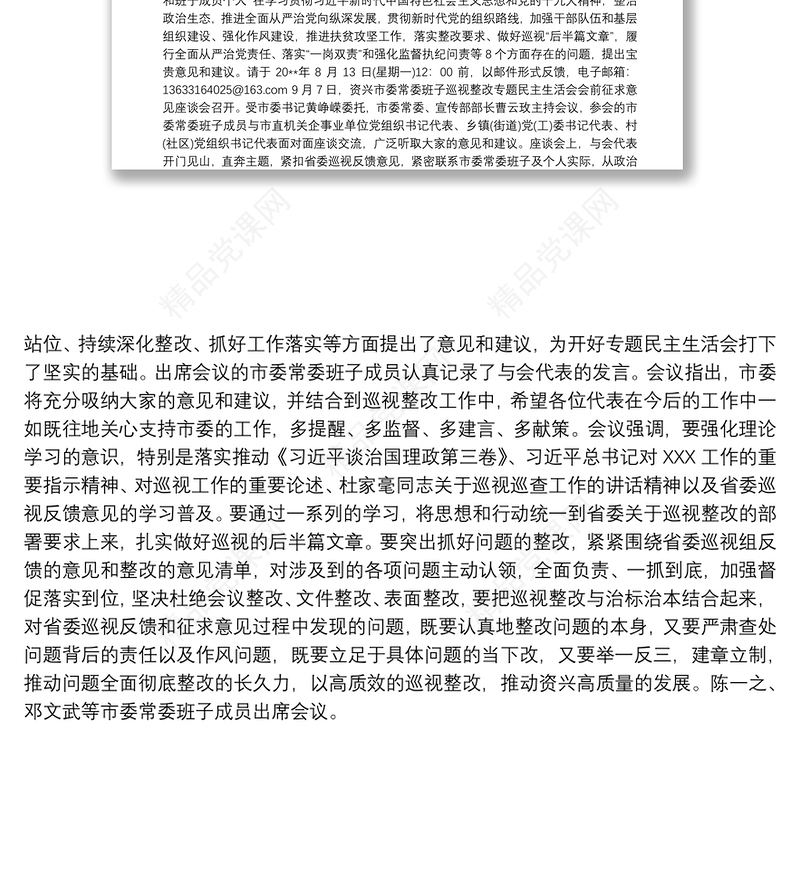 巡视整改民主生活会征求意见