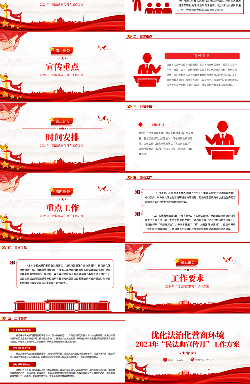 2024年民法典宣传月工作方案PPT红色大气优化法治化营商环境宣讲课件下载