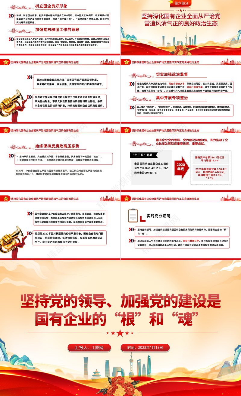 2023坚持党的领导加强党的建设国有企业的根和魂PPT优质党建风党员干部学习教育专题党课党建课件模板