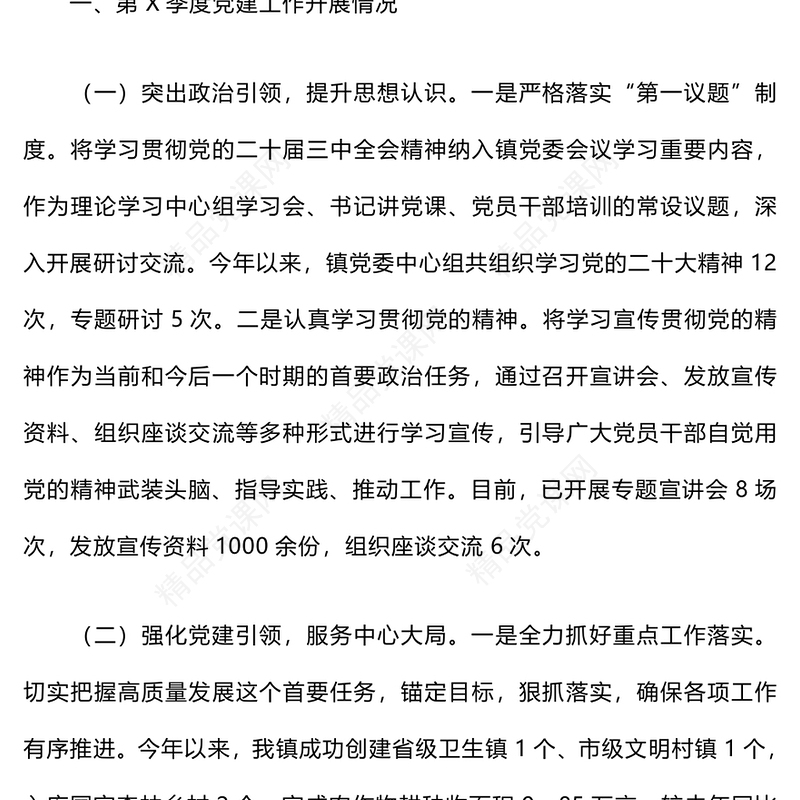 2024年季度党建工作总结模板