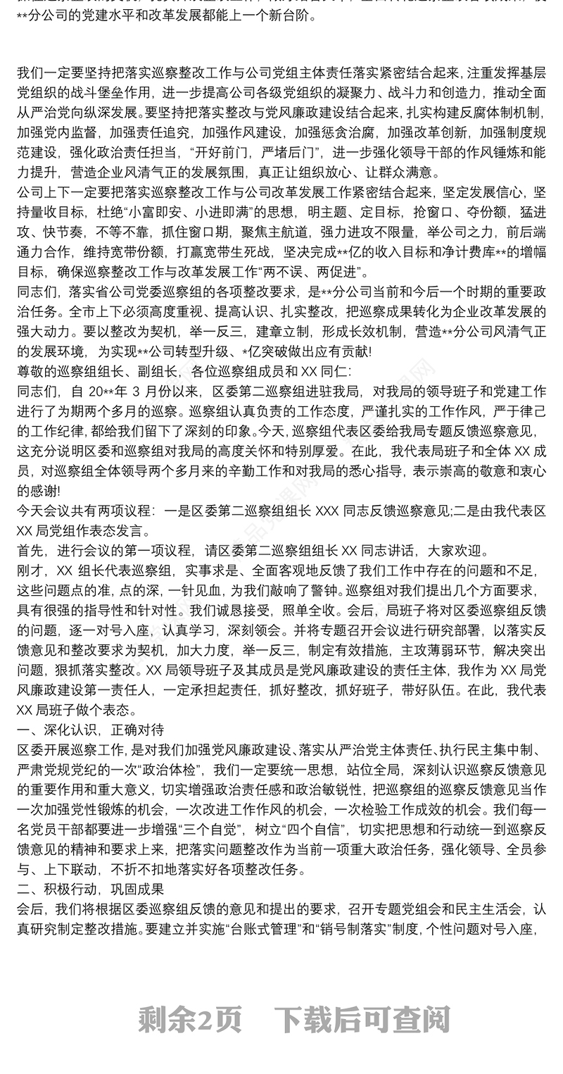 巡察反馈单位表态发言3篇