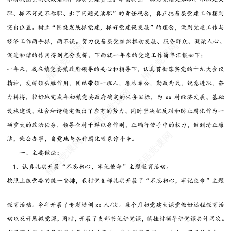 村党支部书记述职报告(个人工作报告)