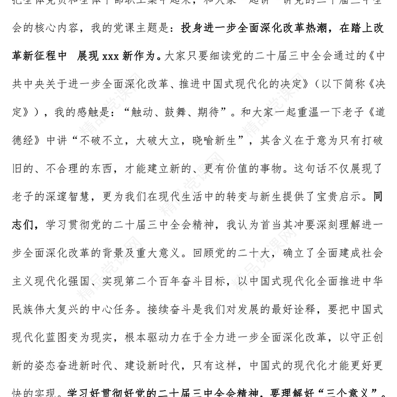 学习党的二十届三中全会精神党课word模板