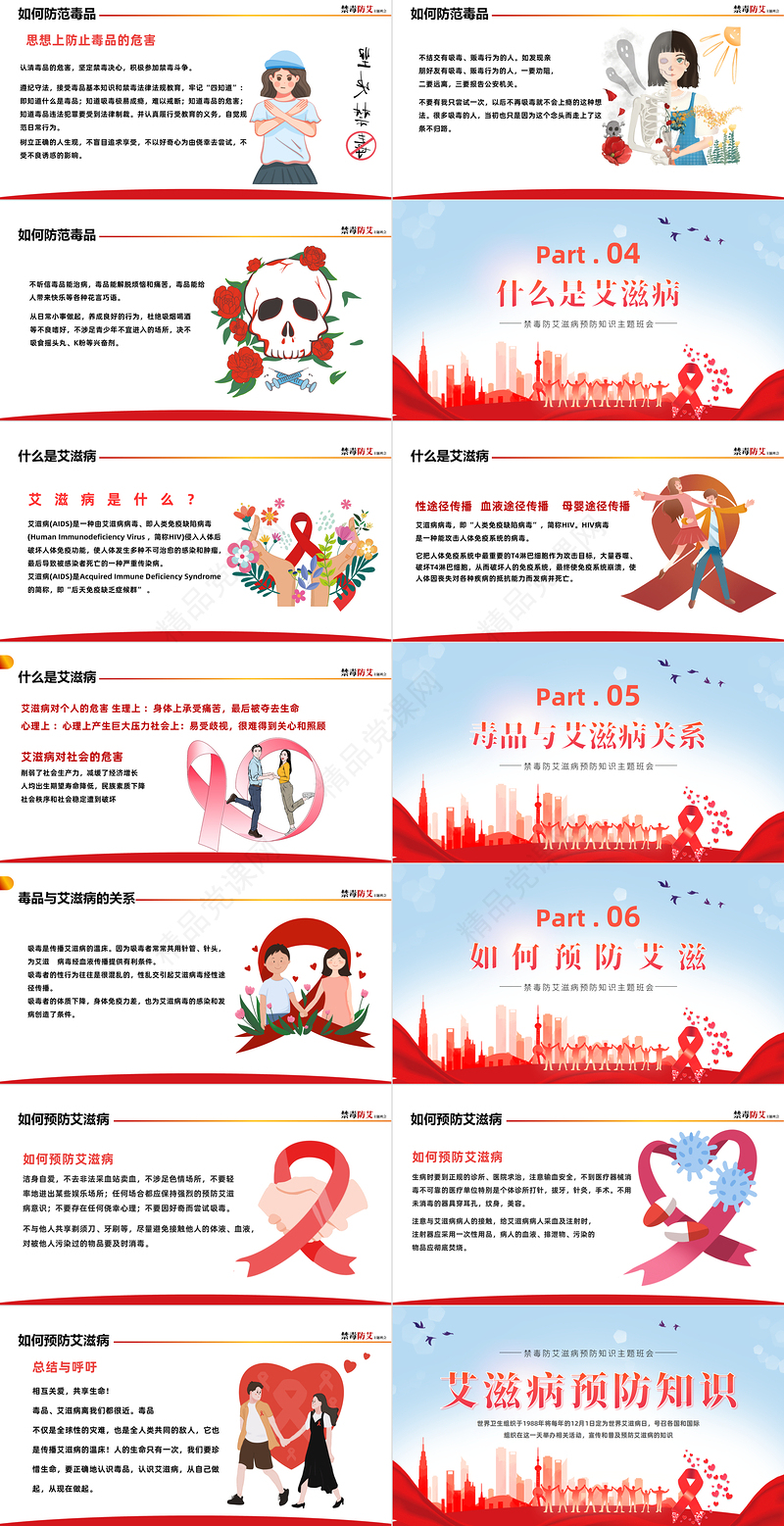 2022禁毒防艾PPT精美卡通艾滋病预防知识宣讲主题班会模板课件