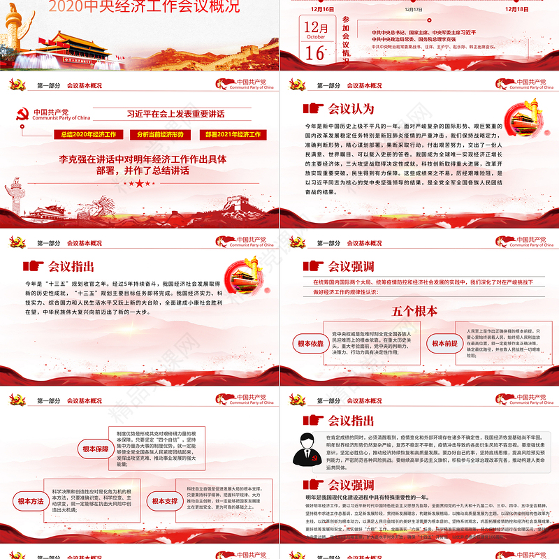 红色简约党政风2020中央经济工作会议精神和2021年中国经济工作重点内容解读党课PPT