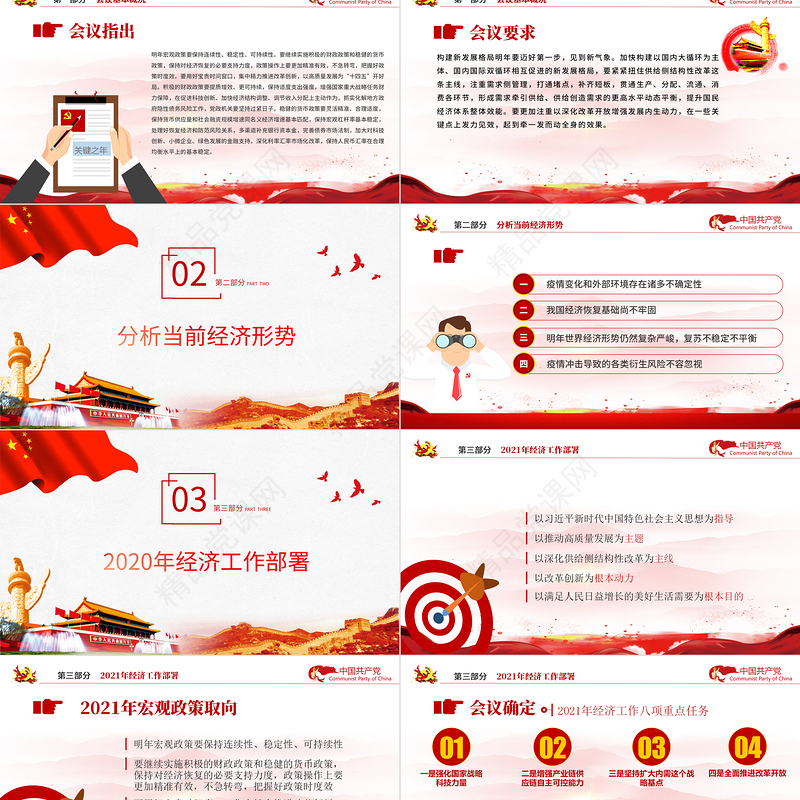 红色简约党政风2020中央经济工作会议精神和2021年中国经济工作重点内容解读党课PPT