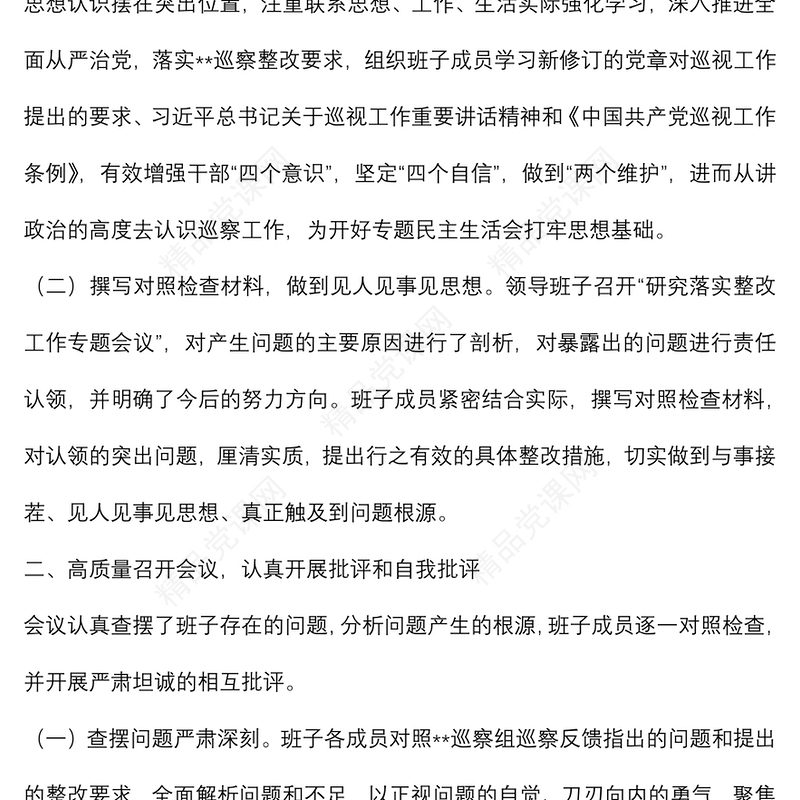 某国有企业巡察整改专题民主生活会召开情况的总结报告