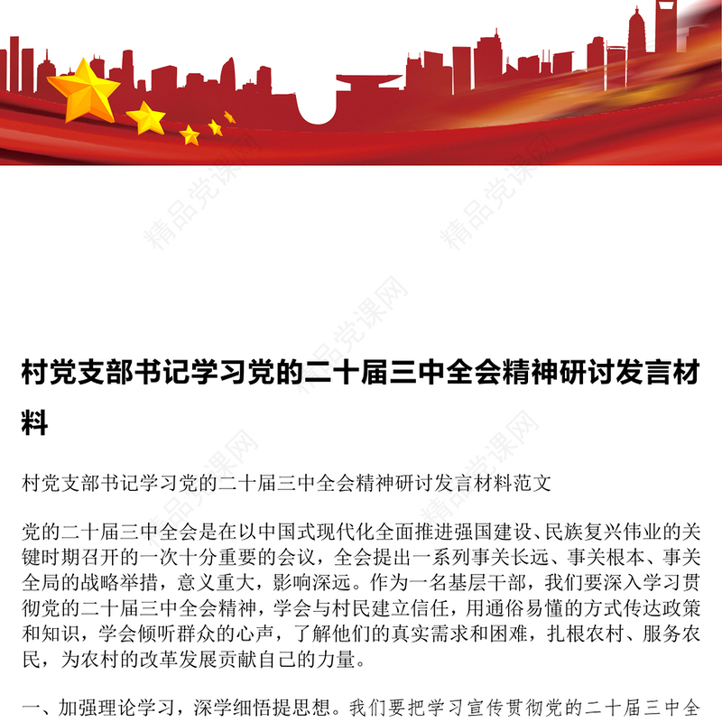 村党支部书记学习党的二十届三中全会精神研讨发言材料汇编