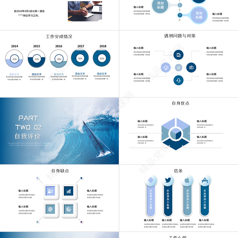 蓝色风帆勇往直前企业文化宣传转正述职报告PPT