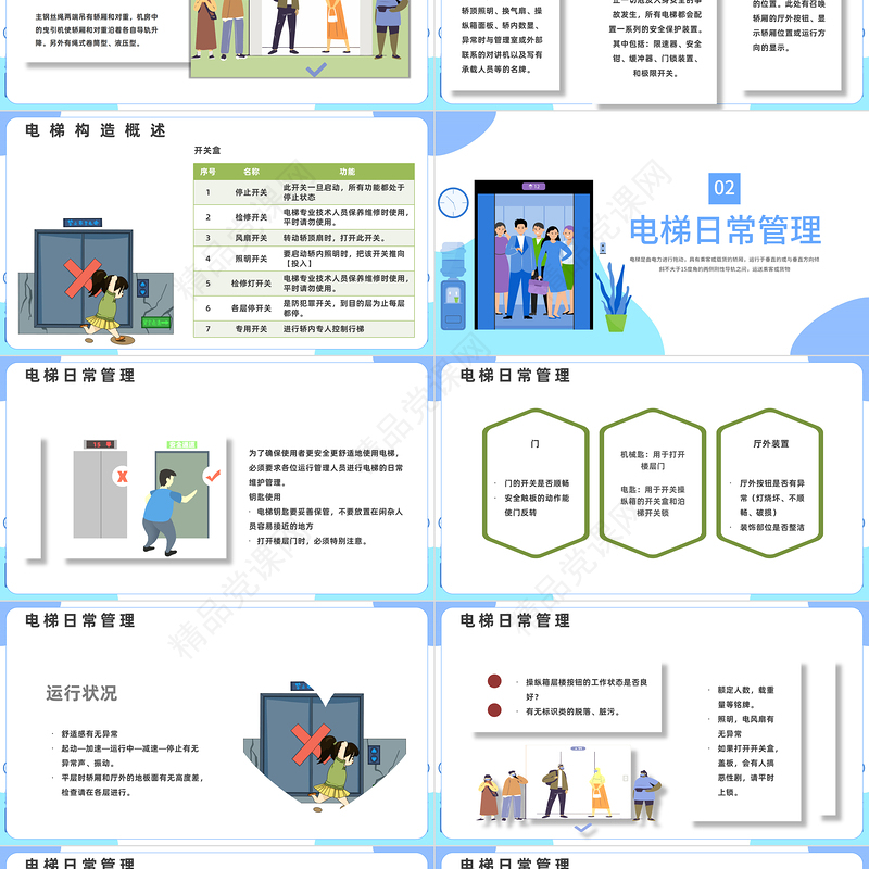 电梯安全培训PPT卡通插画风电梯安全知识培训课件模板