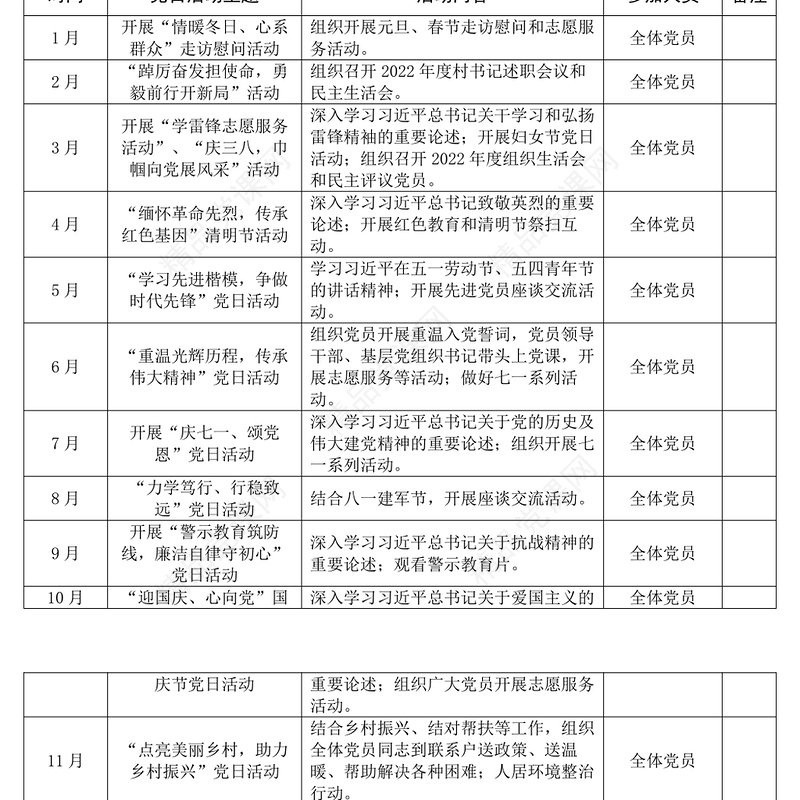 2024年乡镇党支部主题党日活动计划方案表格