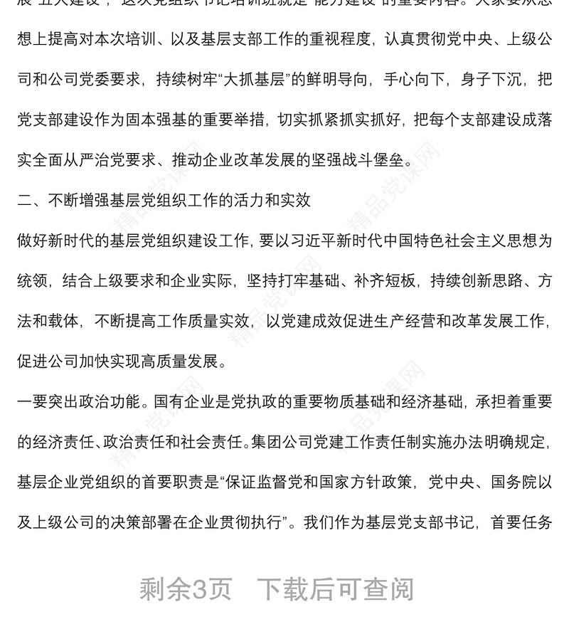 党委副书记在基层党组织书记培训班上的讲话