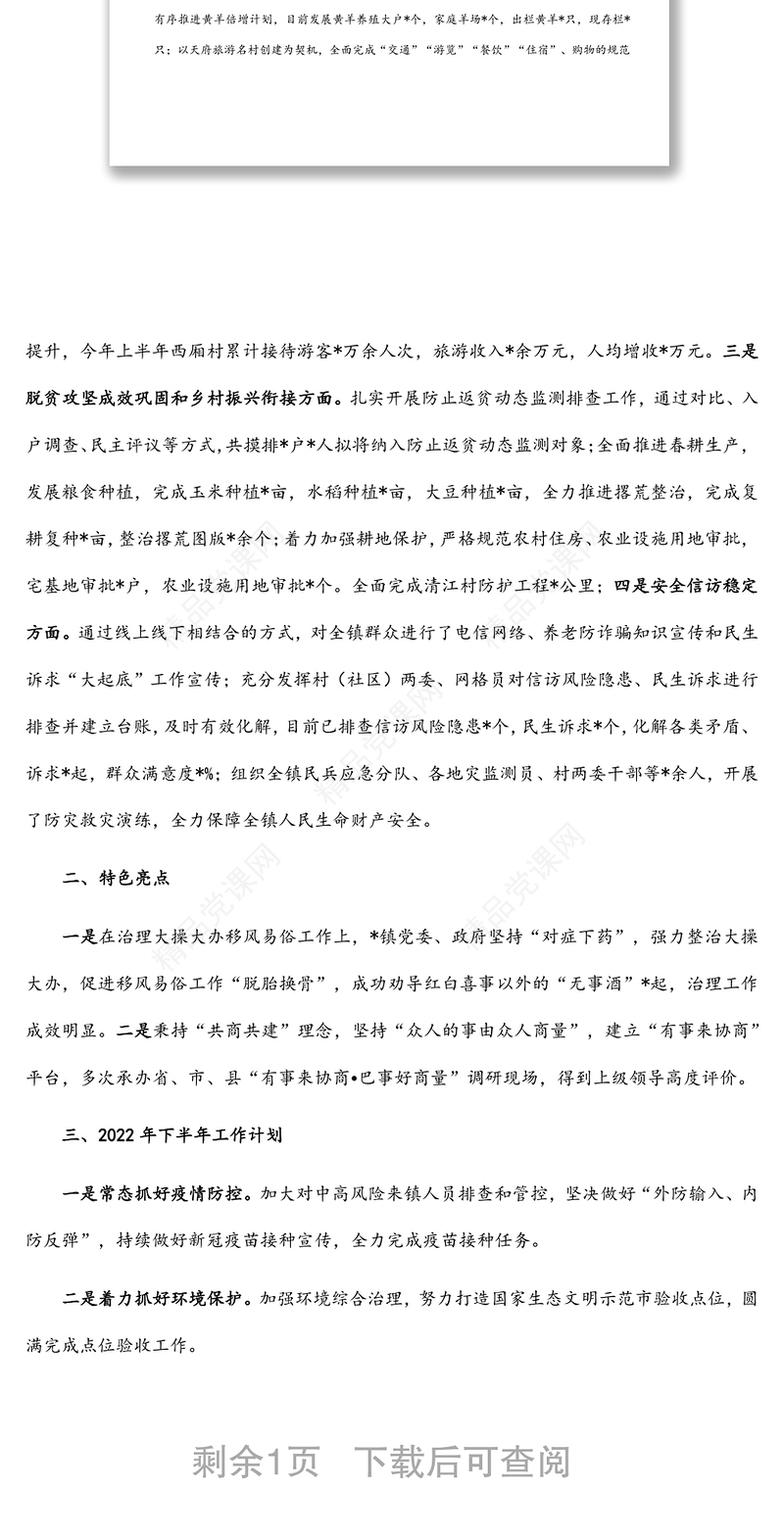 2024镇人民政府上半年工作总结和下半年工作计划