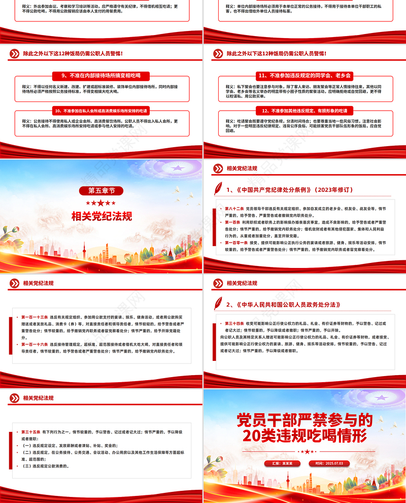 红色简洁党员干部严禁参与的20类违规吃喝情形PPT课件
