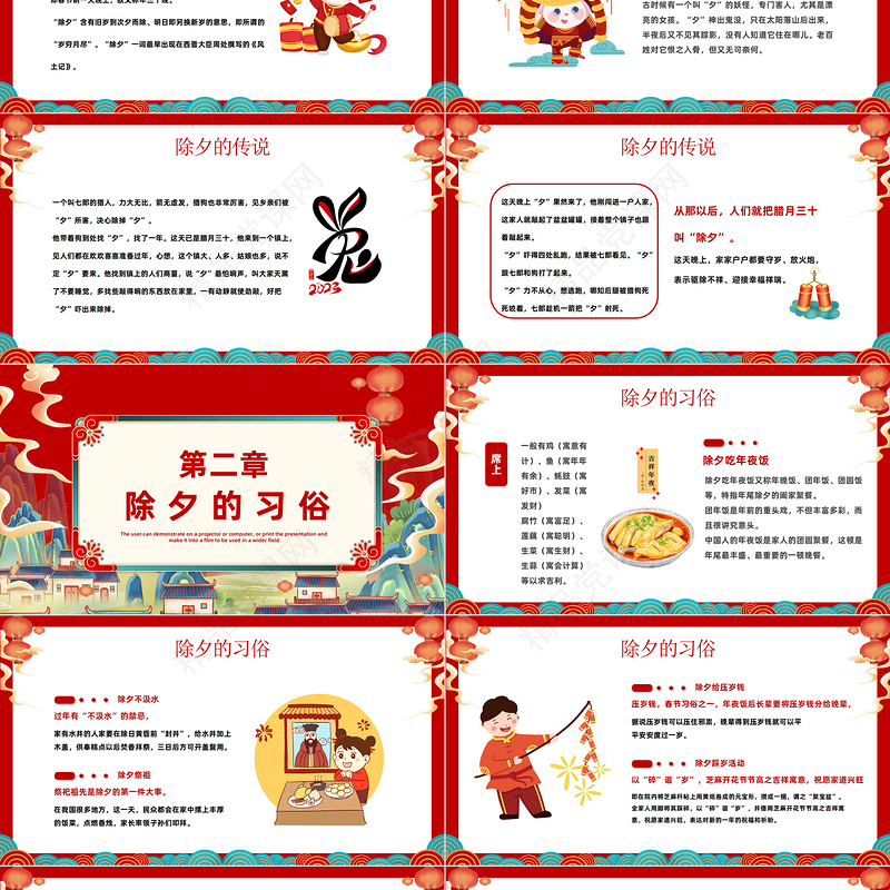 2023除夕快乐PPT国潮风兔年春节除夕习俗知识主题班会模板课件