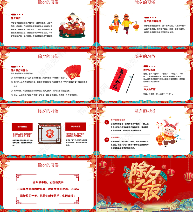 2023除夕快乐PPT国潮风兔年春节除夕习俗知识主题班会模板课件