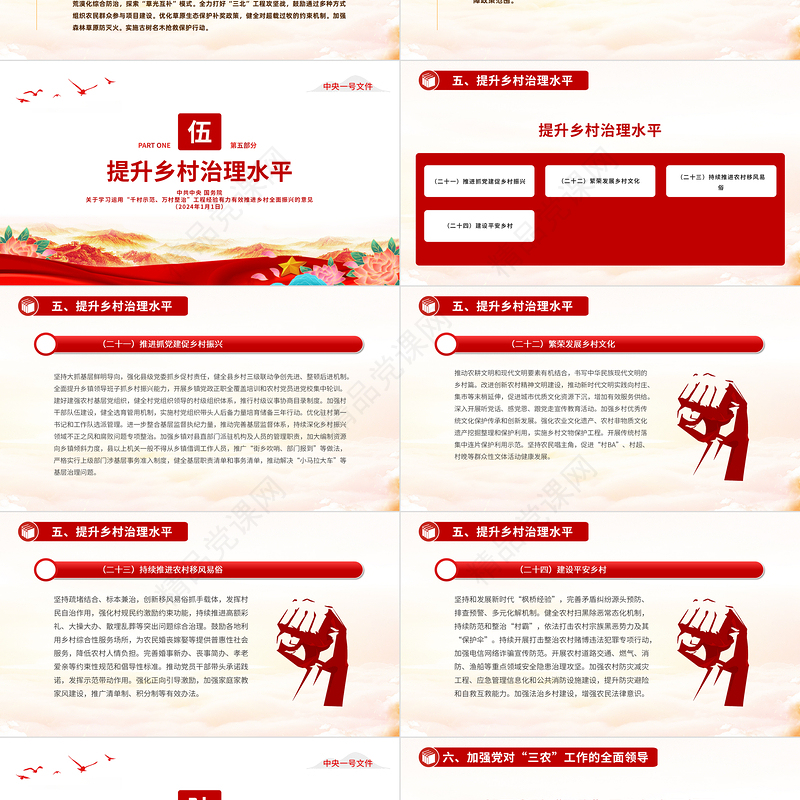 中央一号文件全文PPT红色简洁关于学习运用千村示范万村整治工程经验有力有效推进乡村全面振兴的意见主题课件