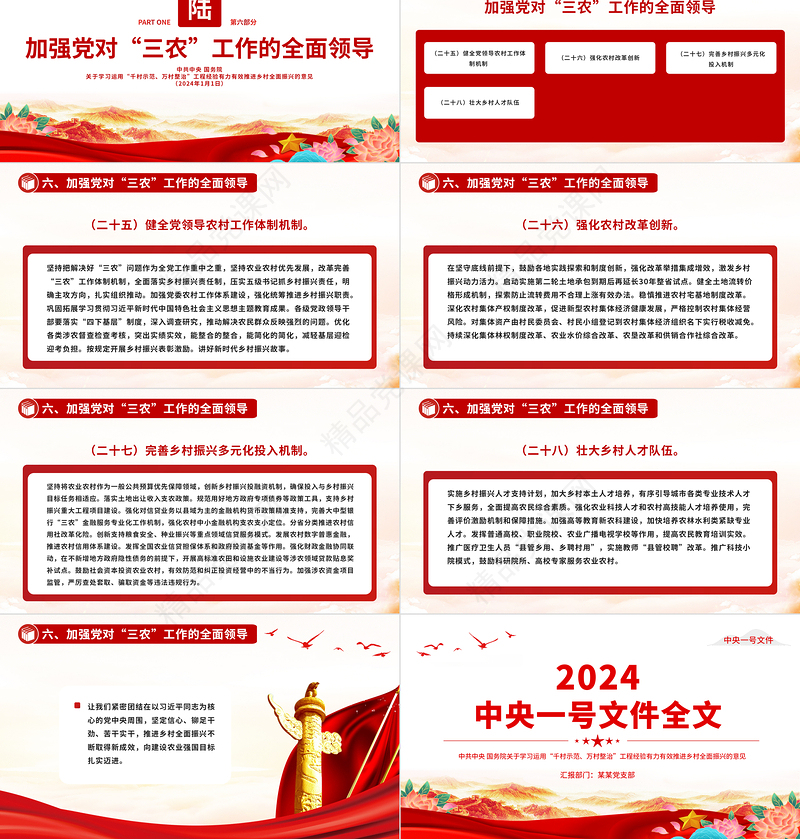 中央一号文件全文PPT红色简洁关于学习运用千村示范万村整治工程经验有力有效推进乡村全面振兴的意见主题课件