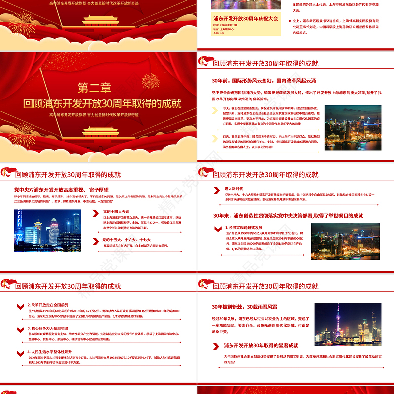 红色喜庆地域党课之上海浦东开发开放三十周年PPT模板