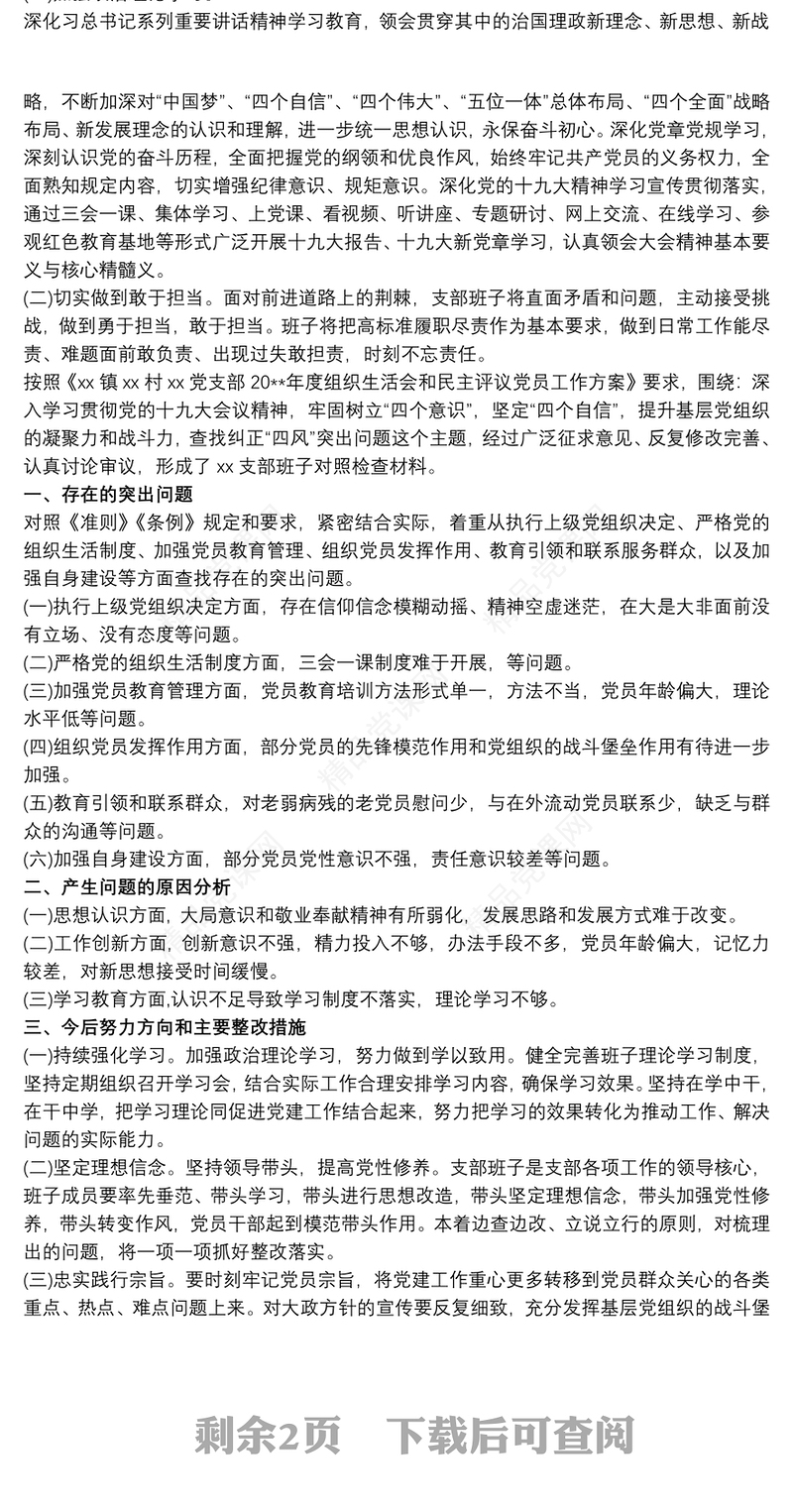 党支部对照检查 支部班子组织生活会对照检查材料3