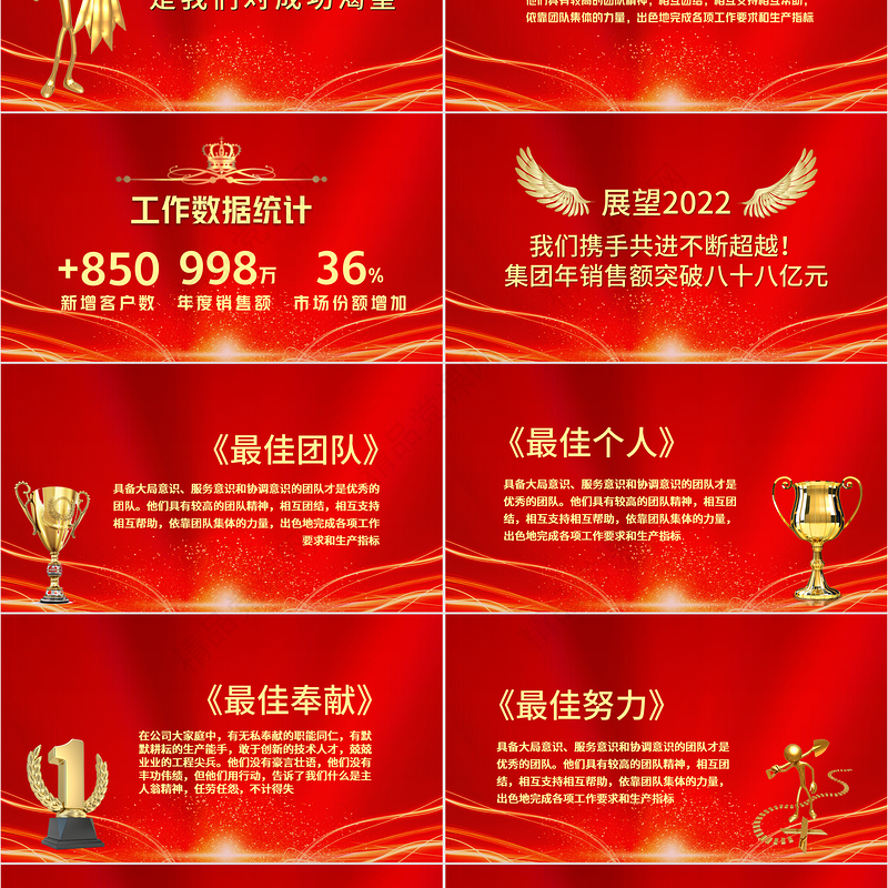 奔跑2022PPT虎年红金奢华年终颁奖典礼企业年会员工表彰大会舞台背景模板