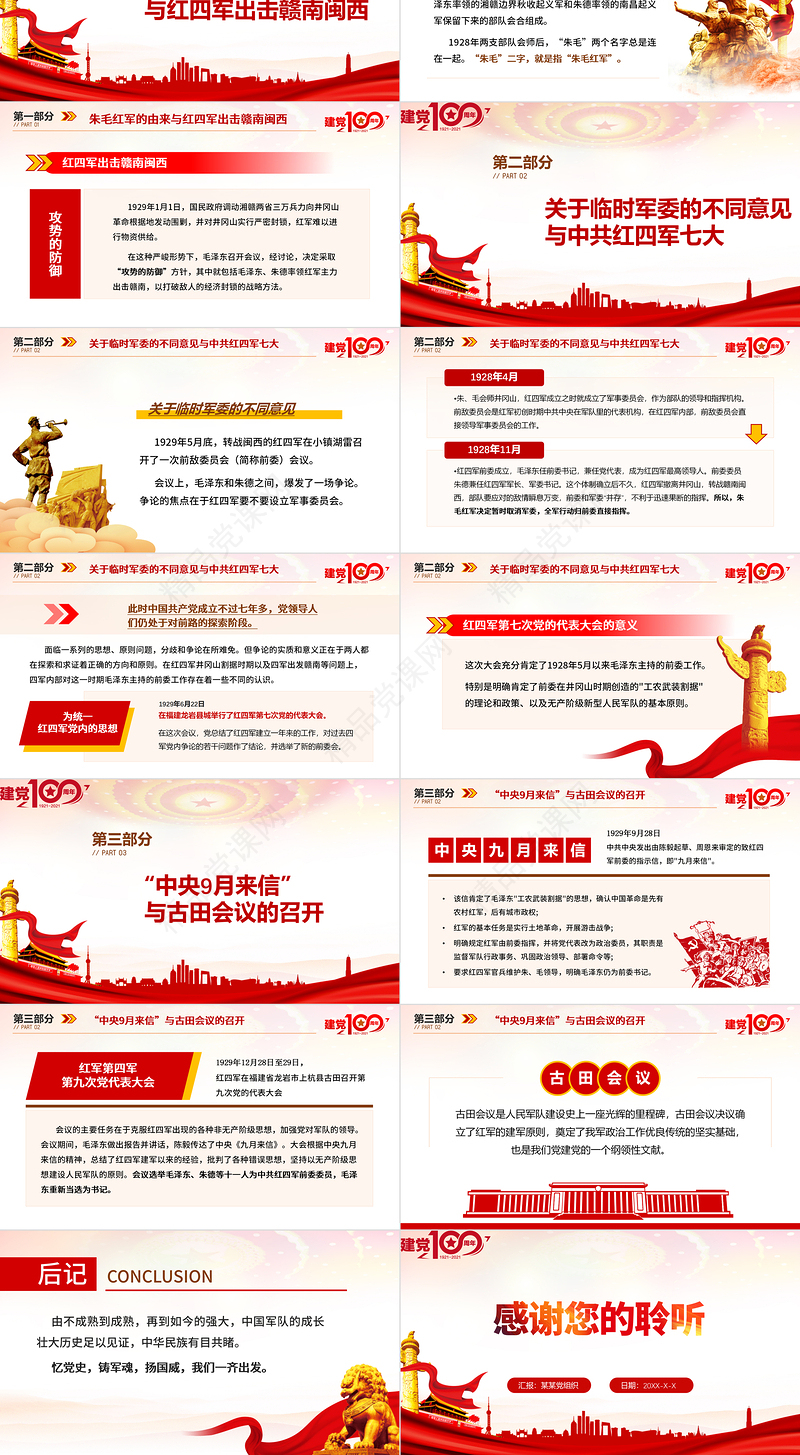 2021年庆祝中国共产党建党百年党课朱毛红军与古田会议党政风简约党建风PPT