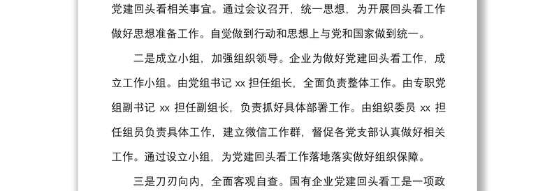 企业开展全国国有企业党的建设工作会议精神贯彻落实情况回头看情况报告范文集团公司工作汇报总结