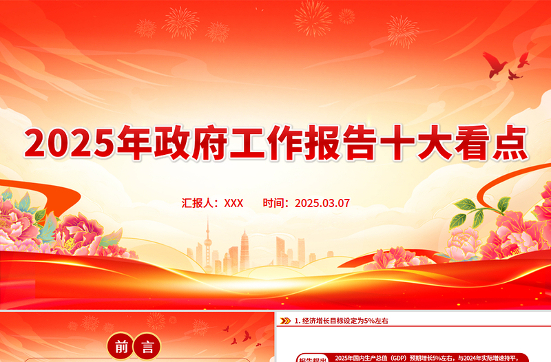 精品两会专题PPT2025年政府工作报告十大看点课件下载