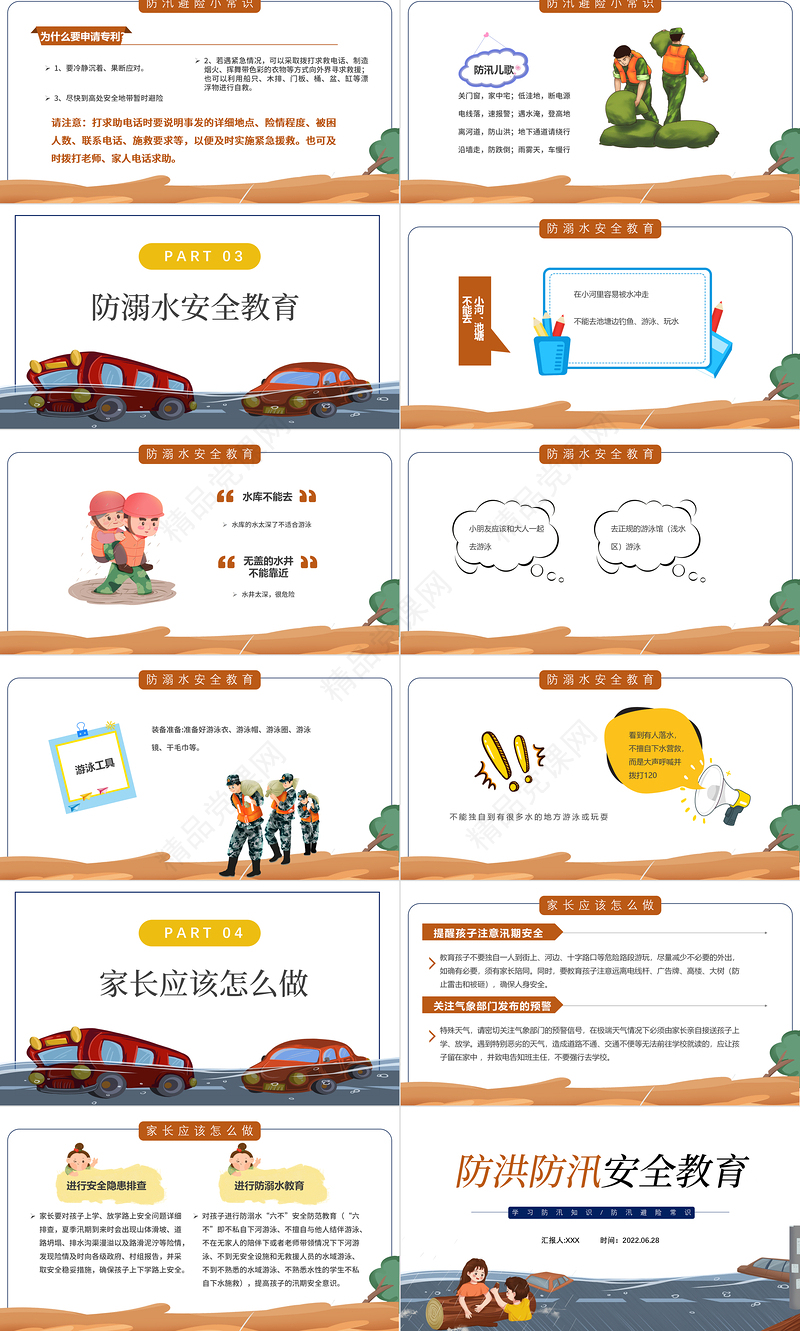 防洪防汛安全教育PPT卡通风中小学生学习防汛避险常识课件模板