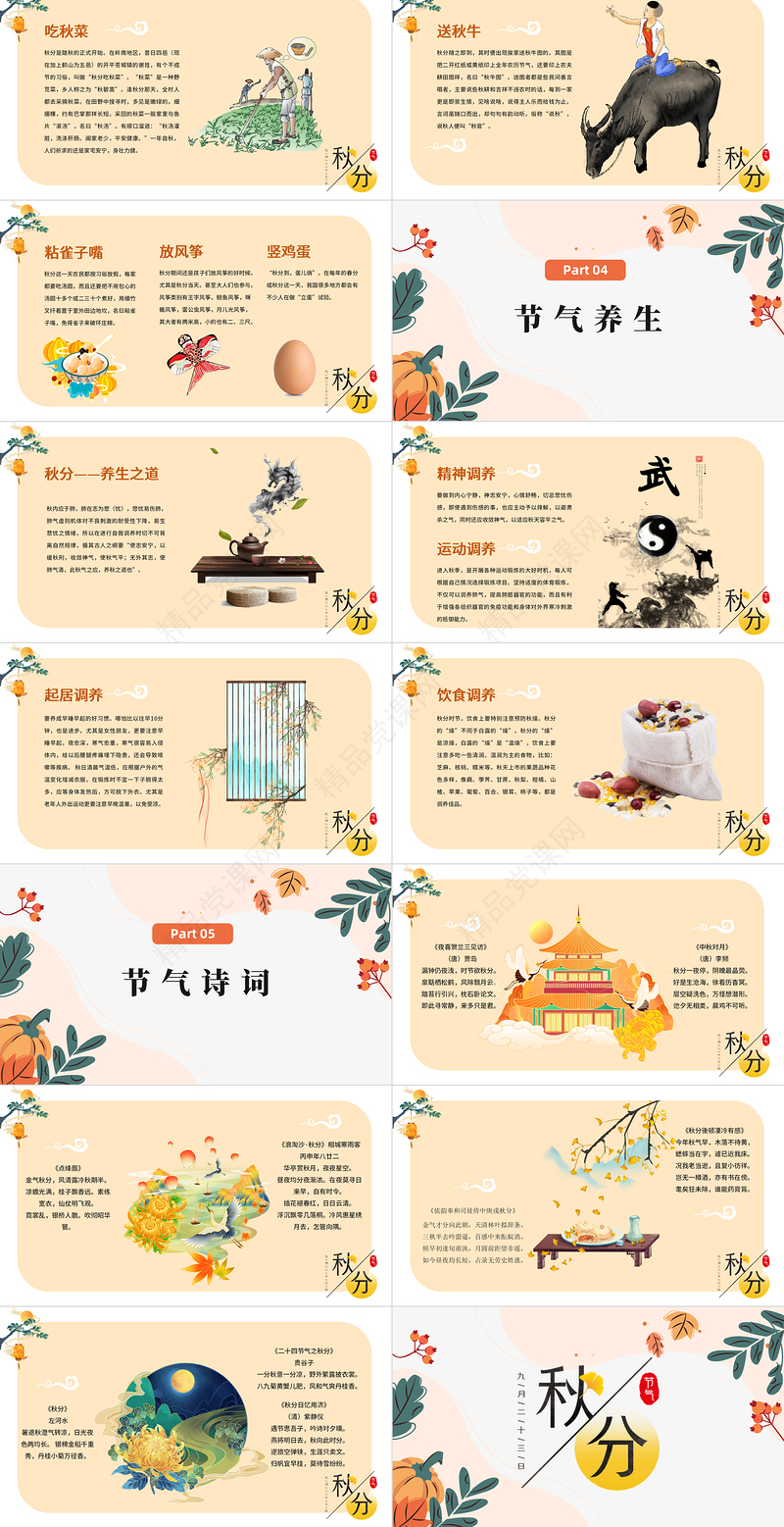 秋分时节PPT黄色简约风二十四节气之秋分时节课件模板