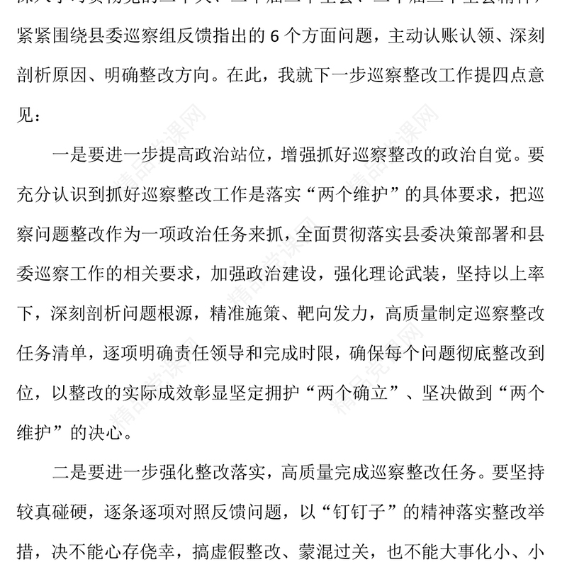 整改专题民主生活会领导点评发言word模板