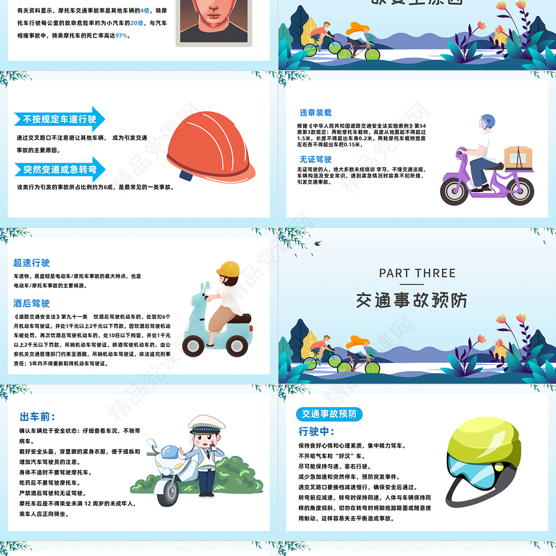 2022佩戴头盔摩托车交通安全PPT精美卡通守法规知礼让安全文明出行模板课件
