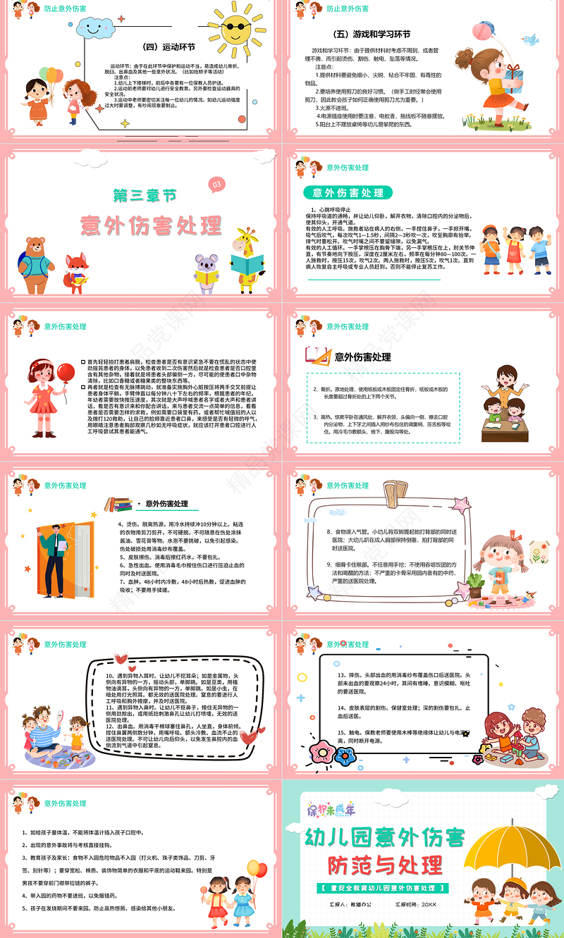 幼儿园意外伤害防范与处理PPT清新多彩儿童安全培训课件下载