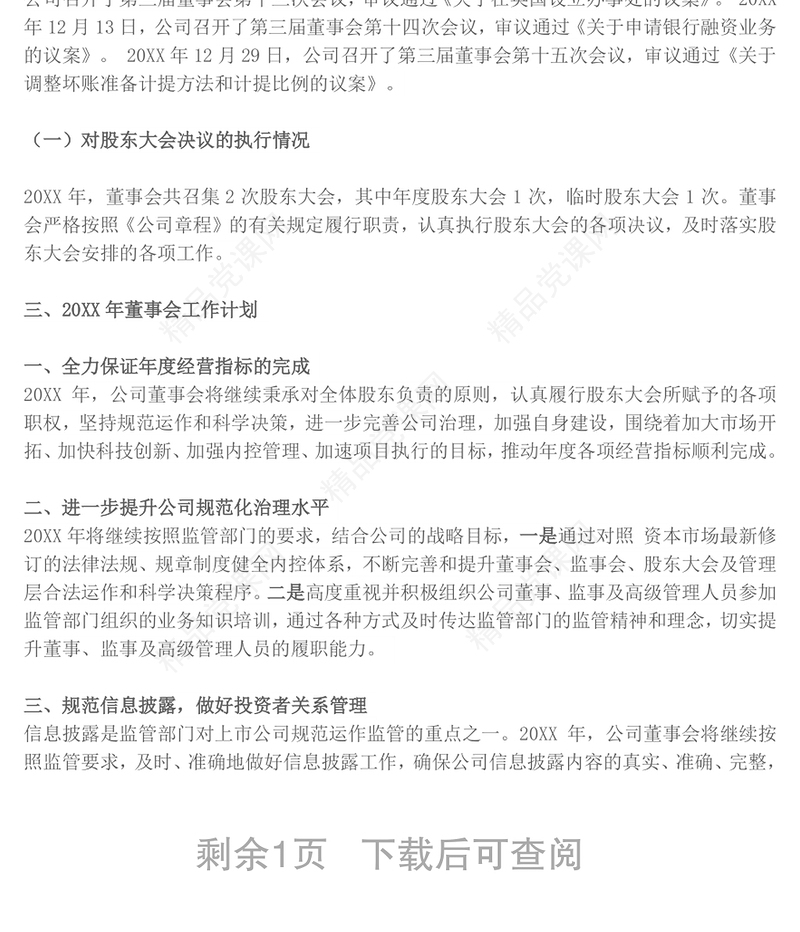 20XX年度董事会工作报告