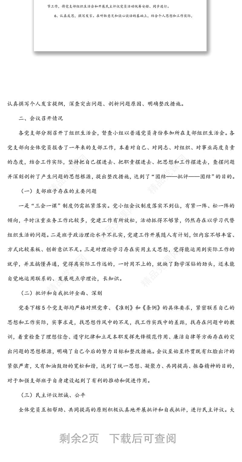 公司党委专题组织生活会总结报告