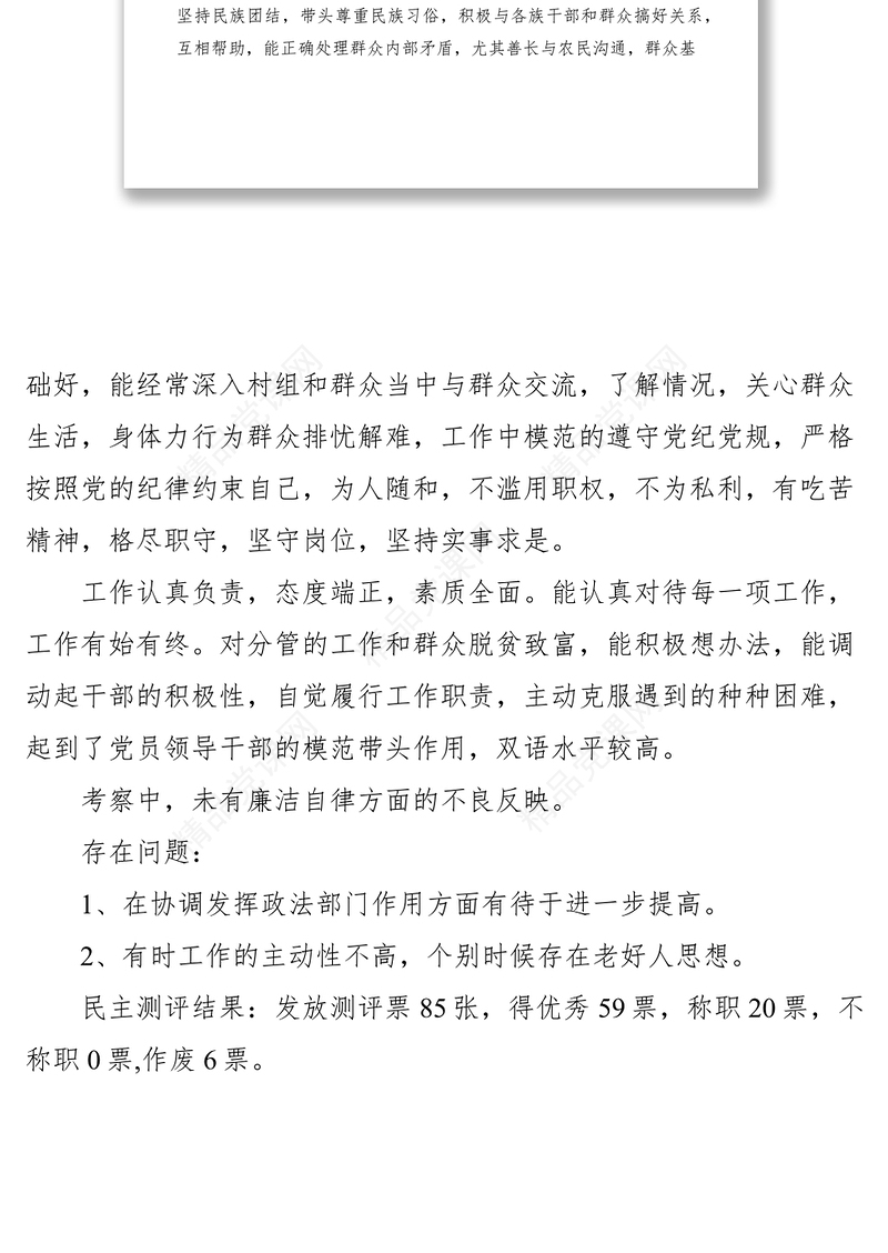 乡镇党委换届考察材料