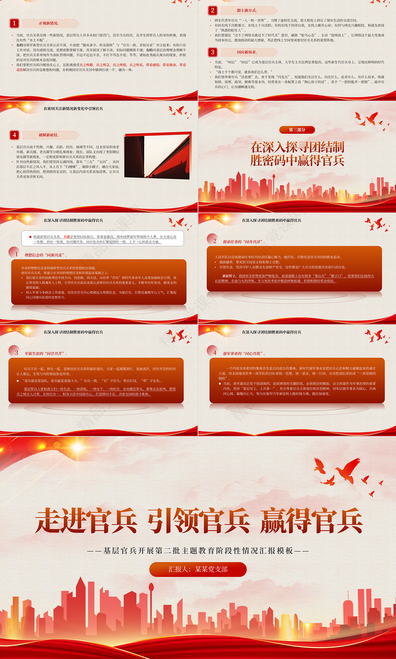  走进官兵引领官兵赢得官兵PPT党政风2023年基层官兵开展第二批主题教育阶段性情况汇报模板